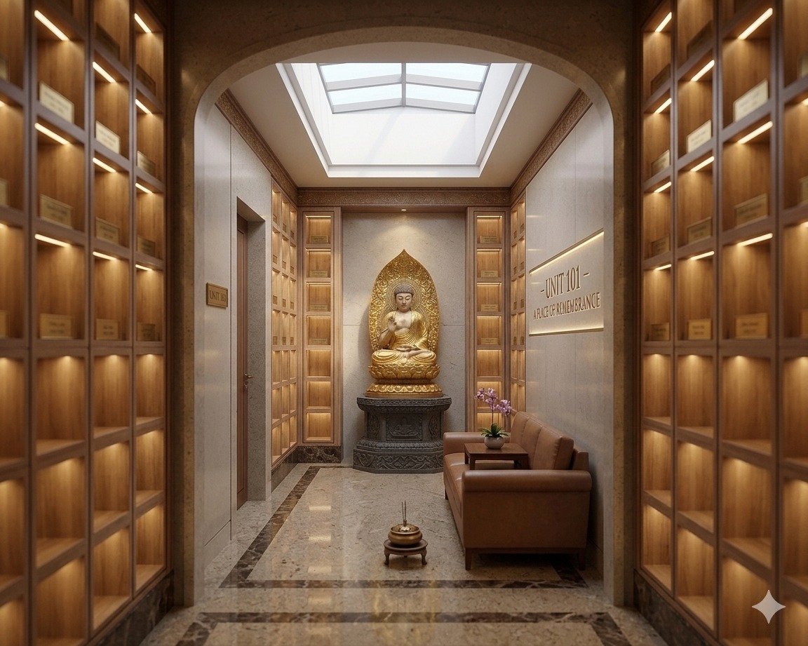 Grand columbarium hall with central Buddha statue